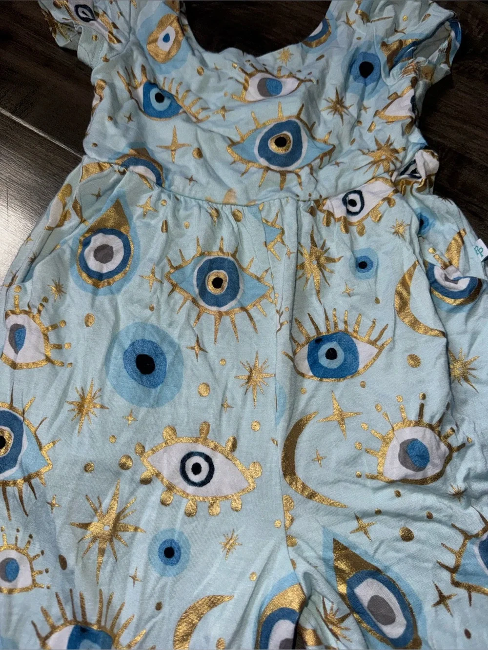 Posh Peanut Fiona Blue Evil Eye Wide Leg Romper 2T Gold Foil Moon Ruffle